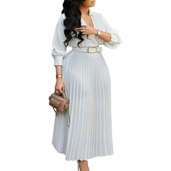 Women's V-Neck Waisted Pleated Seven-Part Sleeve Solid Color Belted Dress