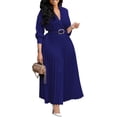 thumbnail image 1 of Women's V-Neck Waisted Pleated Seven-Part Sleeve Solid Color Belted Dress, 1 of 11