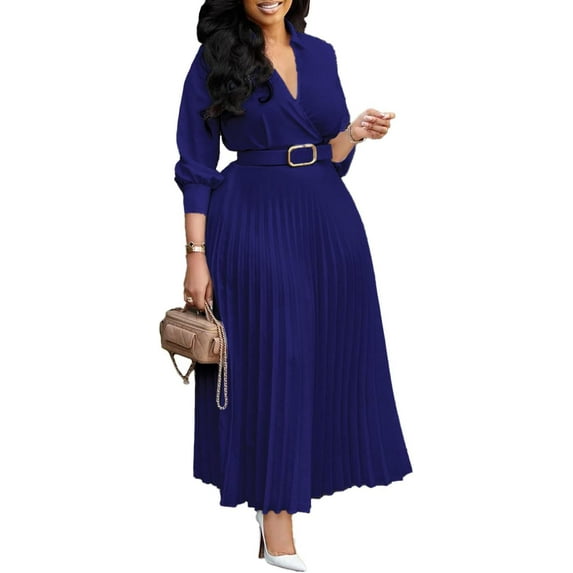 Women's V-Neck Waisted Pleated Seven-Part Sleeve Solid Color Belted Dress