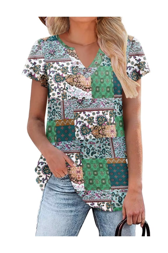 Women's V Neck Wave Short Sleeve Summer Tunic Tops Loose Fit Blouse Casual T Shirt