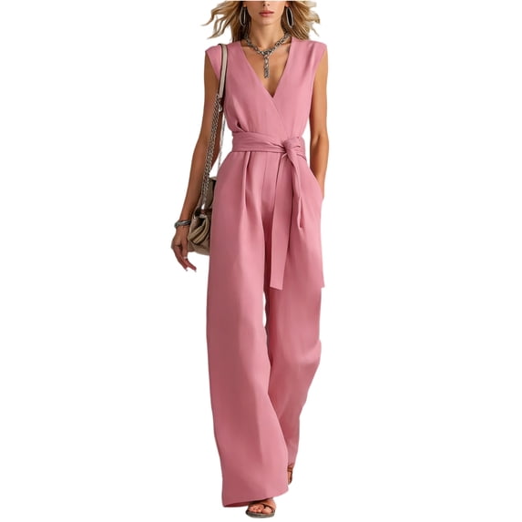 Women's V Neck Wide Leg Jumpsuit Sleeveless Belted Casual Dressy One Piece Outfit