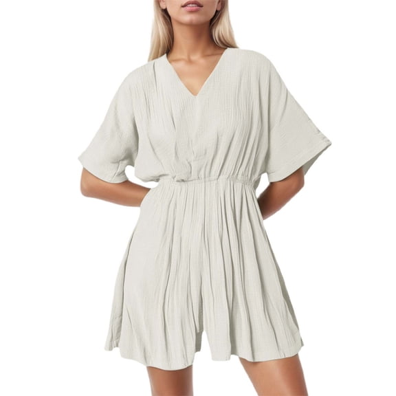 Women's V-Neck Wide Leg Short Sleeve Jumpsuit - Casual Summer Romper for Daily/Home Comfort