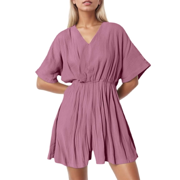 Women's V-Neck Wide Leg Short Sleeve Jumpsuit - Casual Summer Romper for Daily/Home Comfort