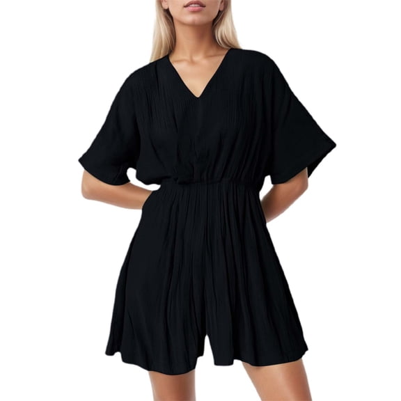 Women's V-Neck Wide Leg Short Sleeve Jumpsuit - Casual Summer Romper for Daily/Home Comfort