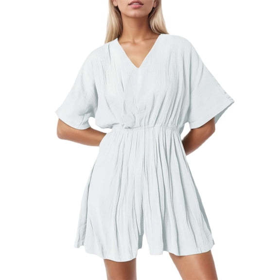 Women's V-Neck Wide Leg Short Sleeve Jumpsuit - Casual Summer Romper for Daily/Home Comfort