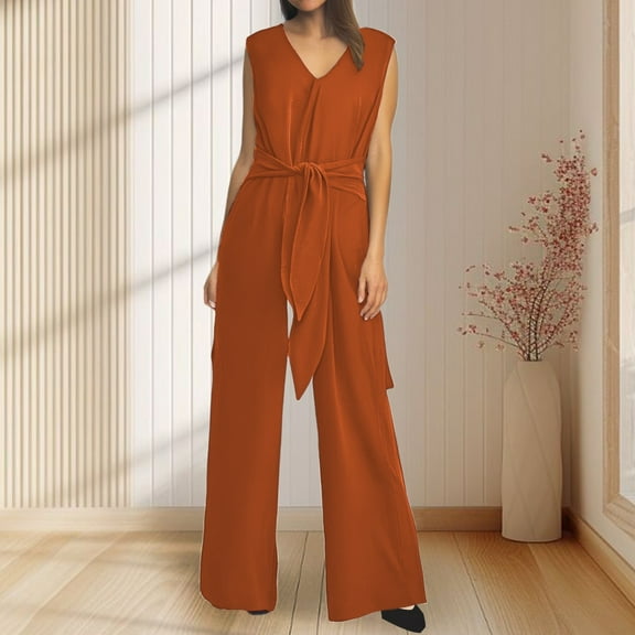 Women's V Neck Wide Leg Sleeveless Belted Jumpsuit Long Pants Rompers Rompers And Jumpsuits plus All plus Size Jumpsuit for Women Casual Jumpsuit plus Size Jumpsuits Wear for plus Size Womens