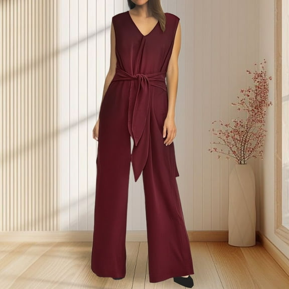 Women's V Neck Wide Leg Sleeveless Belted Jumpsuit Long Pants Rompers Rompers And Jumpsuits plus All plus Size Jumpsuit for Women Casual Jumpsuit plus Size Jumpsuits Wear for plus Size Womens