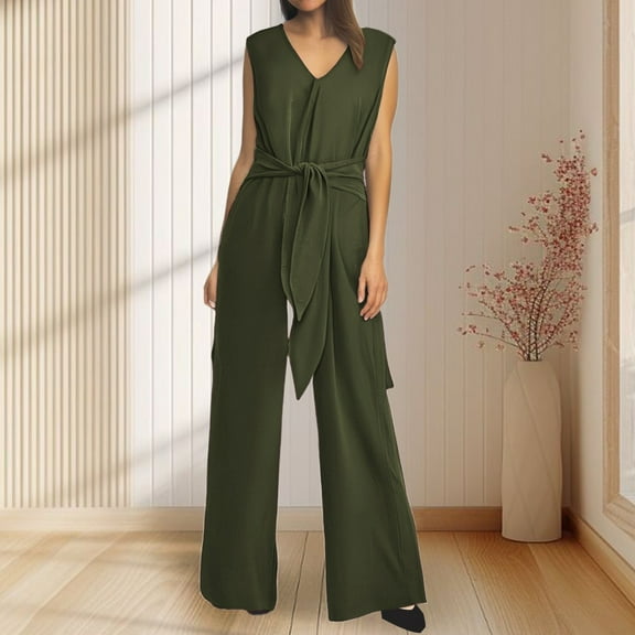 Women's V Neck Wide Leg Sleeveless Belted Jumpsuit Long Pants Rompers Rompers And Jumpsuits plus All plus Size Jumpsuit for Women Casual Jumpsuit plus Size Jumpsuits Wear for plus Size Womens