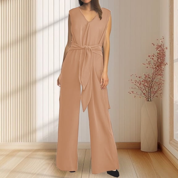 Women's V Neck Wide Leg Sleeveless Belted Jumpsuit Long Pants Rompers Rompers And Jumpsuits plus All plus Size Jumpsuit for Women Casual Jumpsuit plus Size Jumpsuits Wear for plus Size Womens
