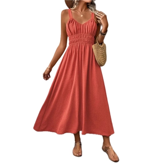 Women's V Neck Wide Strap Midi Cami Dress with Tied Ruched Look 100% Polyester Lightweight Easy Care Everyday Wear