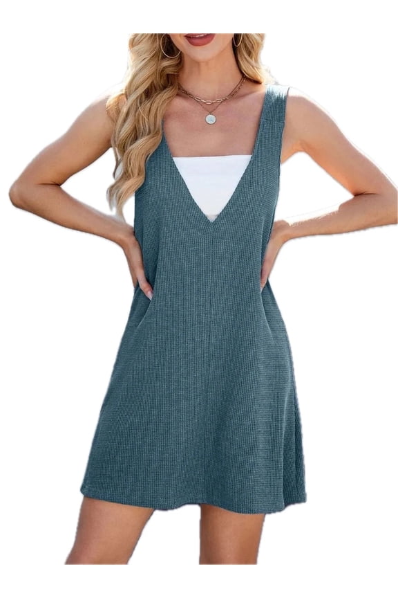 Women's V-Neck Wide Strap Overalls Dress with Slightly Stretchy Fit Imported 65% Rayon 30% Polyester 5% Spandex