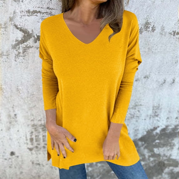 Women's V-Neck Winter Loose Solid Color Casual Long Sleeve Top with Pocket Women's Plus Size Long Sleeve Shirts with Irregular Hem T-shirt Women Long Long Sleeve Mid-Length Model Blouses Tops, S-5XL