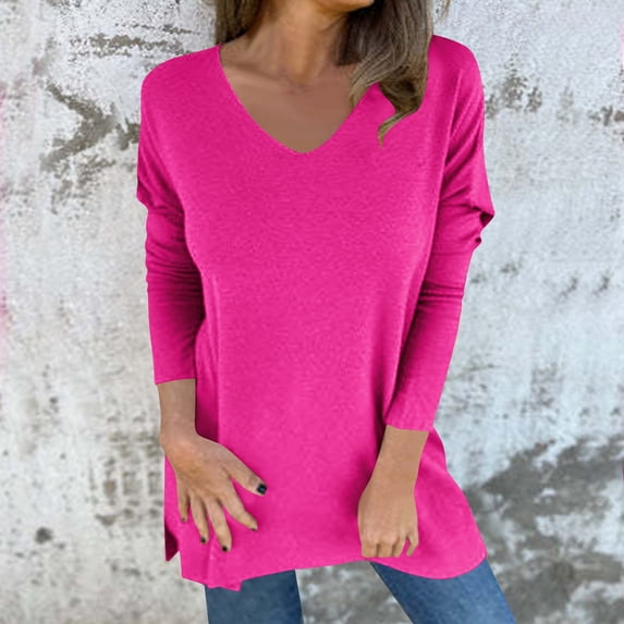 Women's V-Neck Winter Loose Solid Color Casual Long Sleeve Top with Pocket Women's Plus Size Long Sleeve Shirts with Irregular Hem T-shirt Women Long Long Sleeve Mid-Length Model Blouses Tops, S-5XL