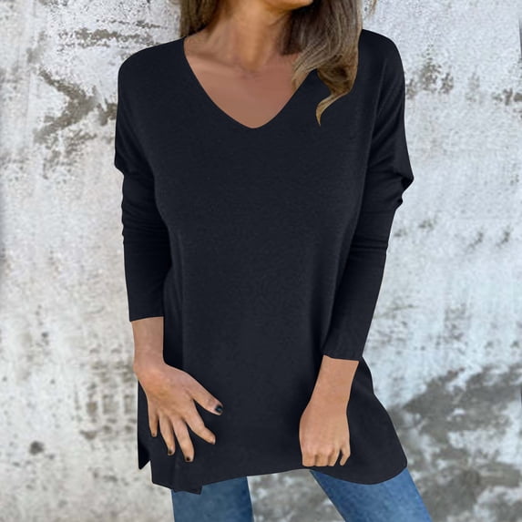 Women's V-Neck Winter Loose Solid Color Casual Long Sleeve Top with Pocket Women's Plus Size Long Sleeve Shirts with Irregular Hem T-shirt Women Long Long Sleeve Mid-Length Model Blouses Tops, S-5XL