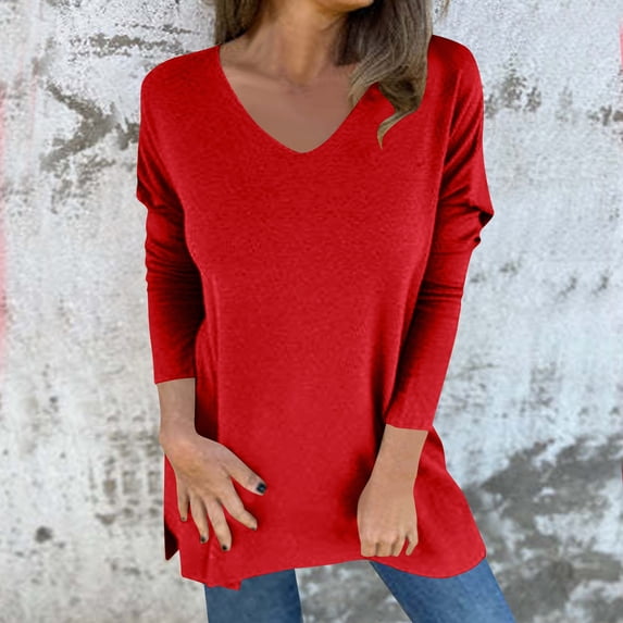 Women's V-Neck Winter Loose Solid Color Casual Long Sleeve Top with Pocket Women's Plus Size Long Sleeve Shirts with Irregular Hem T-shirt Women Long Long Sleeve Mid-Length Model Blouses Tops, S-5XL