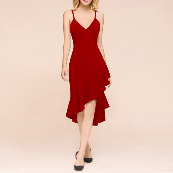 Women's V Neck Wrap Asymmetric Ruffle Hem Sleeveless Spaghetti Strap Bodycon Party Midi Dress Midi Dress Shirt Long Sleeve Maxi Dresses for Women High Low Dresses Tan Dress for Women Maxi Dress