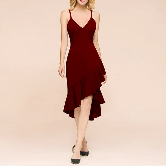 Women's V Neck Wrap Asymmetric Ruffle Hem Sleeveless Spaghetti Strap Bodycon Party Midi Dress Midi Dress Shirt Long Sleeve Maxi Dresses for Women High Low Dresses Tan Dress for Women Maxi Dress