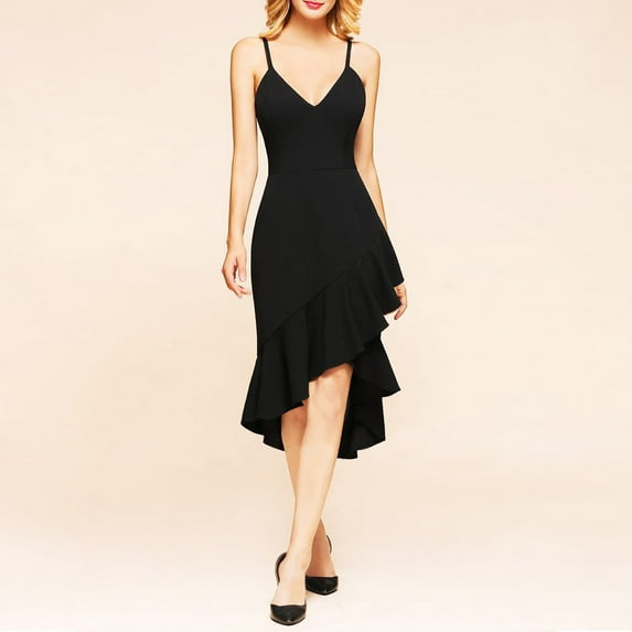 Women's V Neck Wrap Asymmetric Ruffle Hem Sleeveless Spaghetti Strap Bodycon Party Midi Dress Ruffle Dress Women Tunic Dress Long Sleeve Maxi Dress Petite Length Womens Graduation Dress Summer Dress
