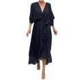thumbnail image 1 of ZQUUVOU Women's V Neck Wrap Dress Casual Solid Color Waitst Cincing Lace Up Irregular Long Dress A-Black, 1 of 5