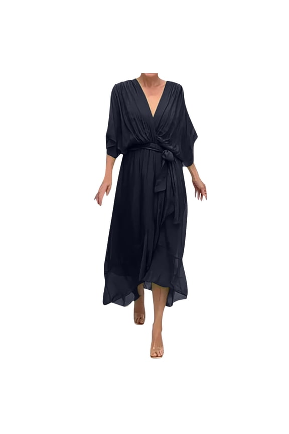 Women's V Neck Wrap Dress Casual Solid Color Waitst Cincing Lace Up Irregular Long Dress A-Black
