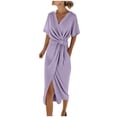 thumbnail image 1 of Women's V Neck Wrap Dress Twisted Slit Pleated Waist Tie Short Sleeve Summer Midi Dresses Purple, 1 of 6