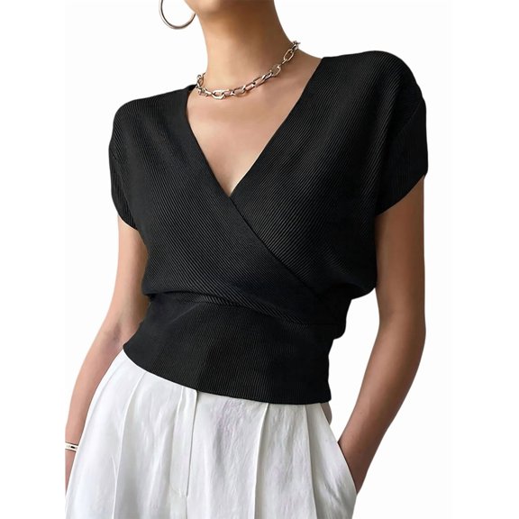 Women's V-Neck Wrap Front Ribbed Knit Short Sleeve Fitted Cropped Sweater Tos Black S