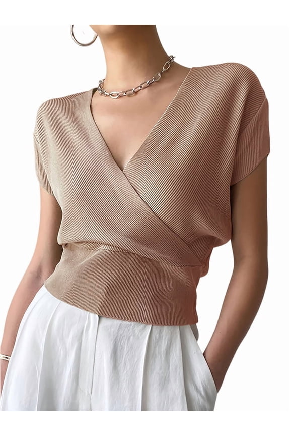 Women's V-Neck Wrap Front Ribbed Knit Short Sleeve Fitted Cropped Sweater Tos Brown M