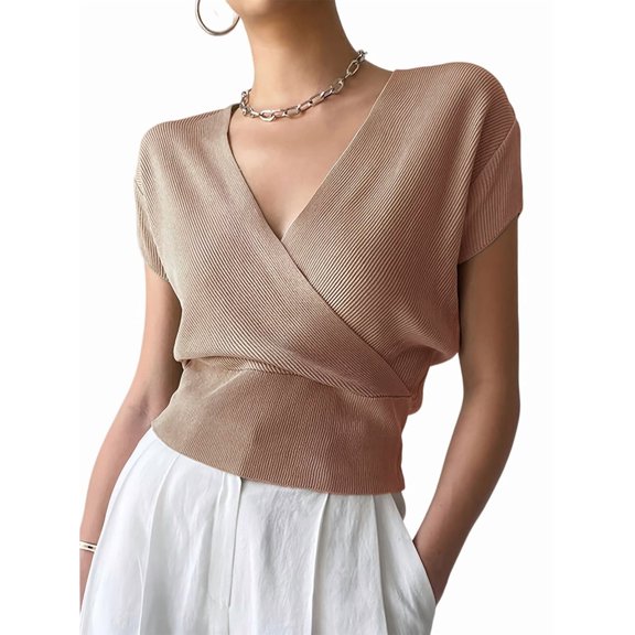 Women's V-Neck Wrap Front Ribbed Knit Short Sleeve Fitted Cropped Sweater Tos Brown S