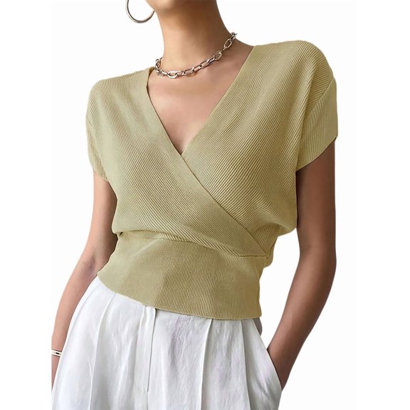 Women's V-Neck Wrap Front Ribbed Knit Short Sleeve Fitted Cropped Sweater Tos Color XL