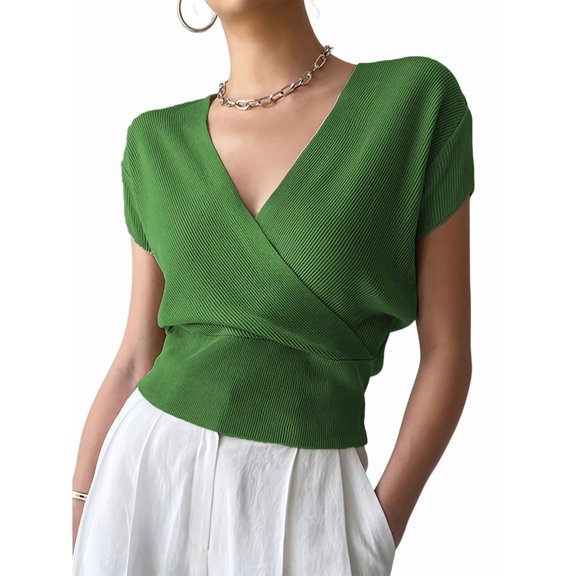 Women's V-Neck Wrap Front Ribbed Knit Short Sleeve Fitted Cropped Sweater Tos Green M