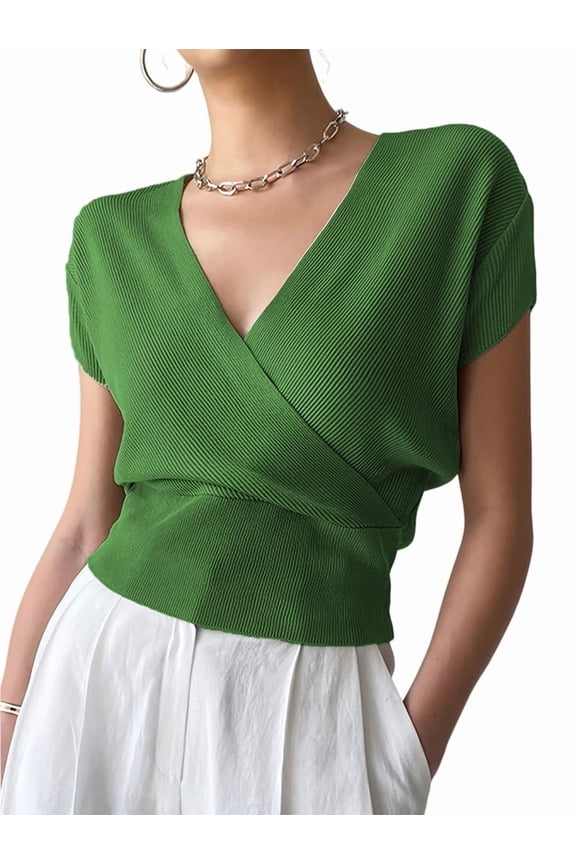 Women's V-Neck Wrap Front Ribbed Knit Short Sleeve Fitted Cropped Sweater Tos Green XL