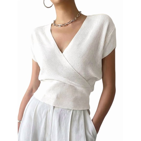 Women's V-Neck Wrap Front Ribbed Knit Short Sleeve Fitted Cropped Sweater Tos White M