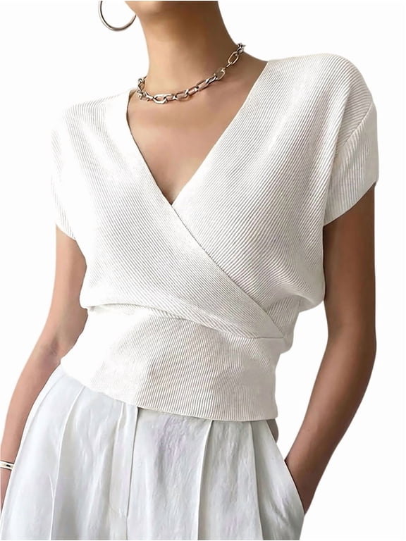 Women's V-Neck Wrap Front Ribbed Knit Short Sleeve Fitted Cropped Sweater Tos White M