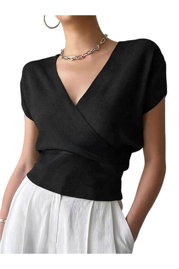 Women's V-Neck Wrap Front Ribbed Knit Short Sleeve Fitted Cropped Sweater Tos