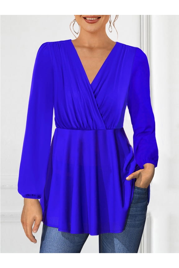 Women's V-Neck Wrap Peplum Blouse, Long Sleeve Elastic Waist Flowy A-Line Tunic Top with Balloon Sleeves