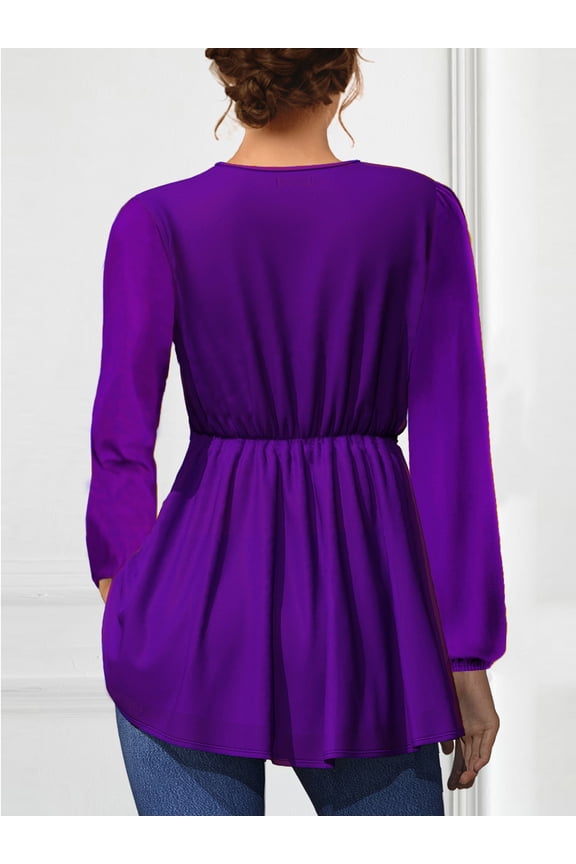 Women's V-Neck Wrap Peplum Blouse, Long Sleeve Elastic Waist Flowy A-Line Tunic Top with Balloon Sleeves