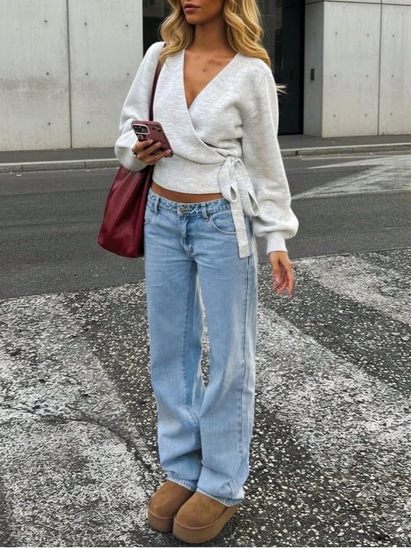 Women's V-Neck Wrap Tie Front Cropped Top Long Sleeve Knit Sweater for Daily Commute Date Night Travel Everyday Chic