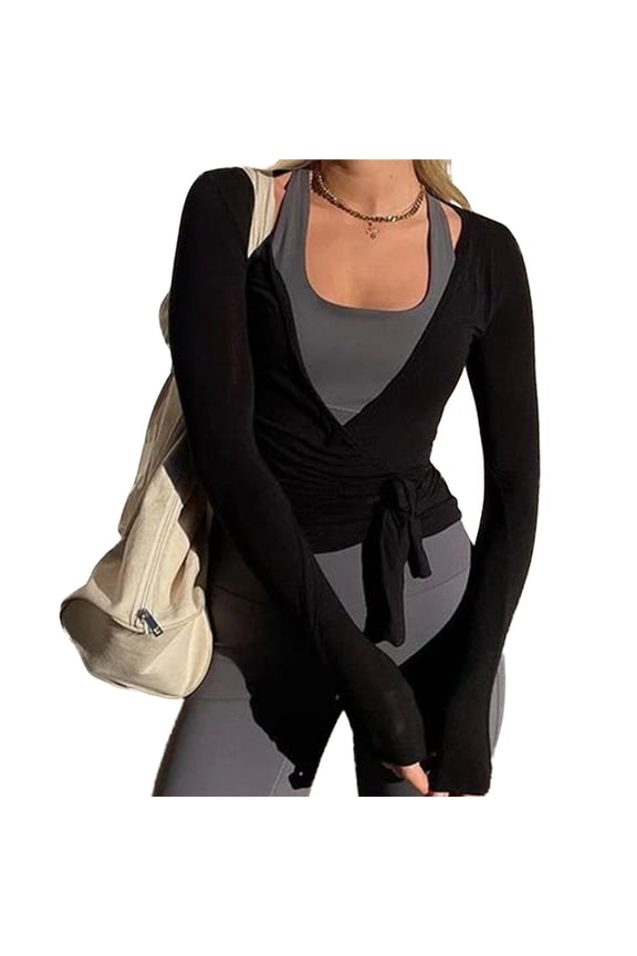 Women's V-Neck Wrap Top Breathable Coquettes Blouses Long Sleeves Crop Top