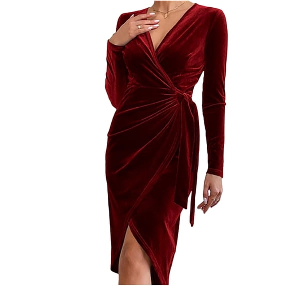 Women's V Neck Wrap Velvet Dress Tie Waisted Cocktail Party Dresses