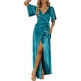 thumbnail image 1 of Women's V Neck Wrap Velvet Maxi Dress Bell Sleeve Split Bridesmaid Cocktail Party Dress, 1 of 7