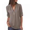 thumbnail image 1 of Women's V Neck Zip Cuffed Sleeve Flowy Business Casual Work Tunic Tops Shirts Blouse, 1 of 5