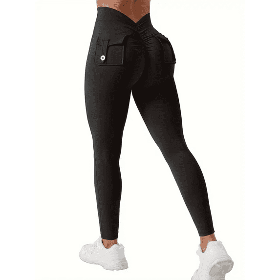 Women's V-back leggings with pockets, exercise leggings, abdominal control, hip lifting, gym yoga leggings