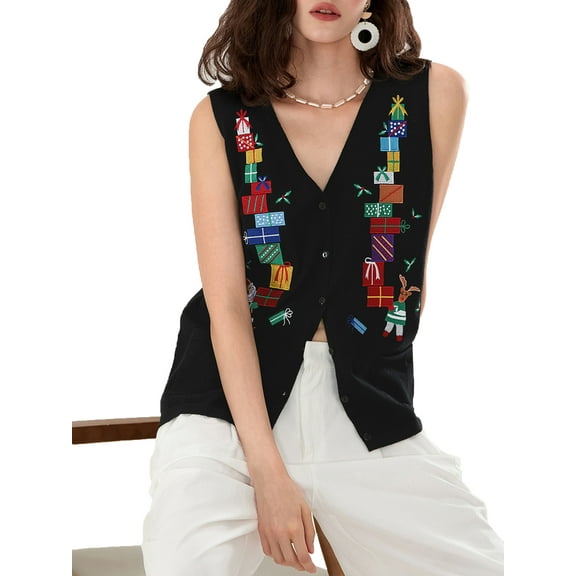 Women's V-neck Button Christmas Knit Vest Sleeveless Christmas Print Cardigan Tops Crochet Tank