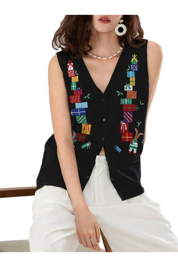 Women's V-neck Button Christmas Knit Vest Sleeveless Christmas Print Cardigan Tops Crochet Tank