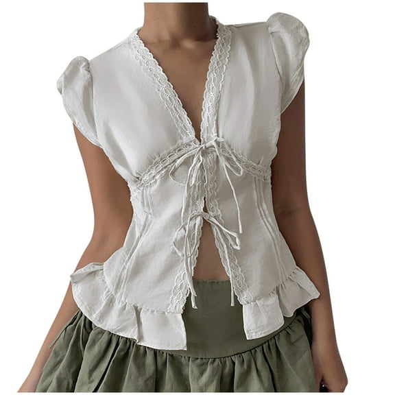 Women's V-neck Lace Pleated Puff Sleeve Bow Tie Shirt, Short Sleeve Elegant Blouse, Feminine Lace Detail, Stylish and Comfortable Casual Top, Perfect for Daily Wear and Special Occasions