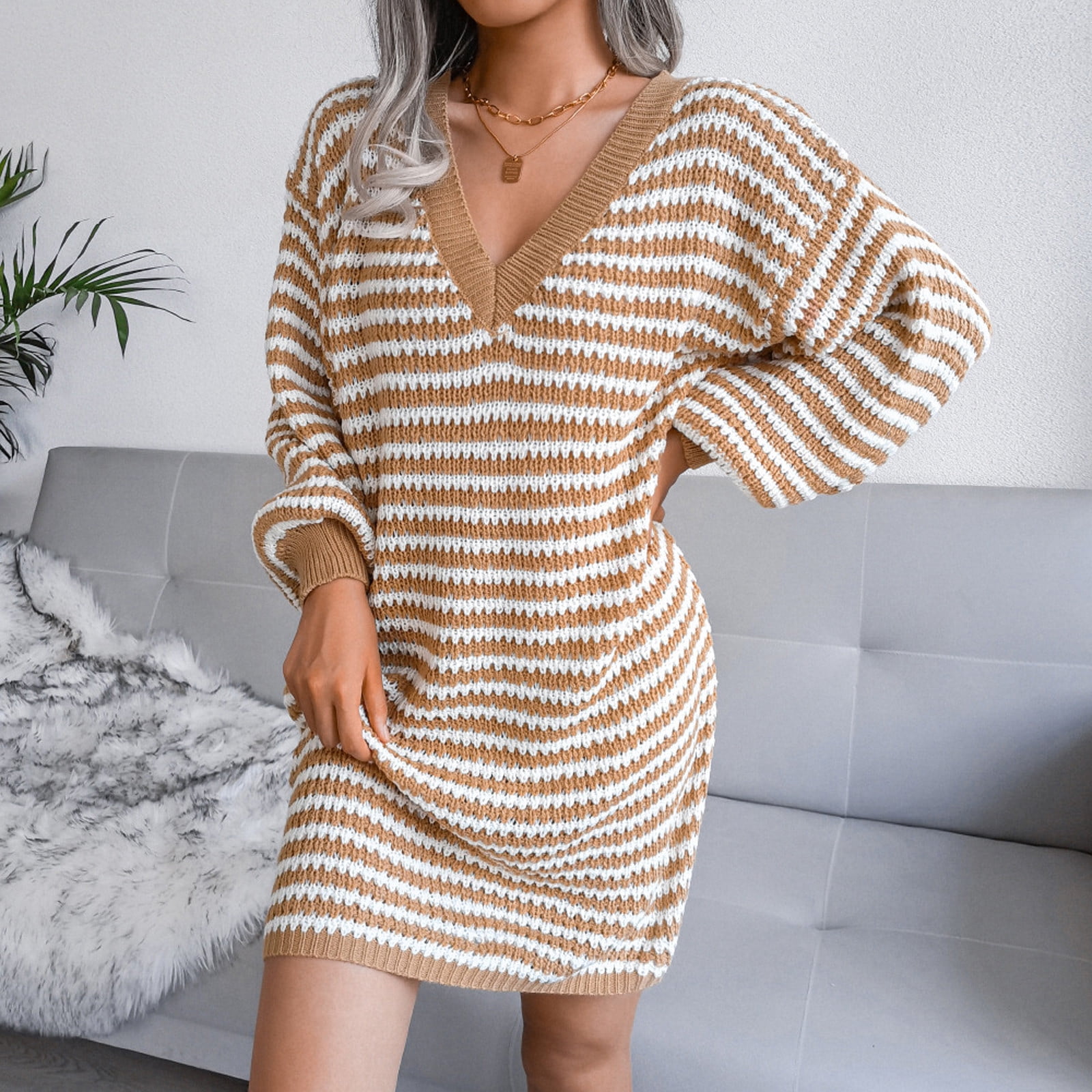 Women's V-neck Long Sleeve Loose Chunky Knitted Pullover Sweater Jumper  Dress - Walmart.com