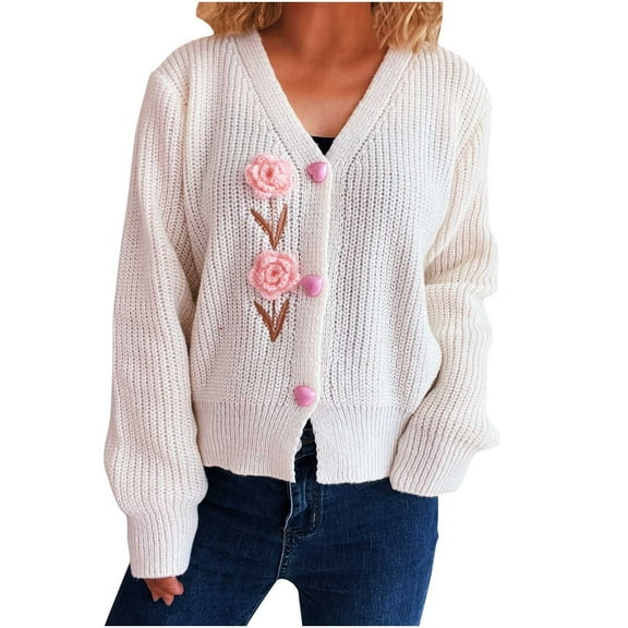 Women's V-neck Long-sleeved Floral Ornament Knitted Sweater Cardigan