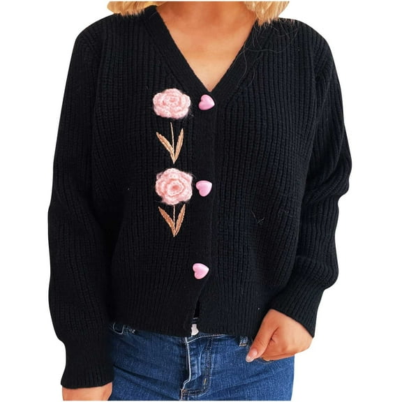 Women's V-neck Long-sleeved Floral Ornament Knitted Sweater Cardigan