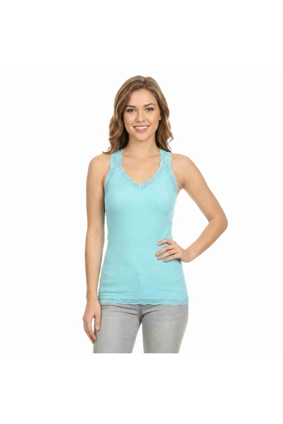 Women's Seamless Lace Trim V-Neck Racerback Tank Top, Aqua, One Size