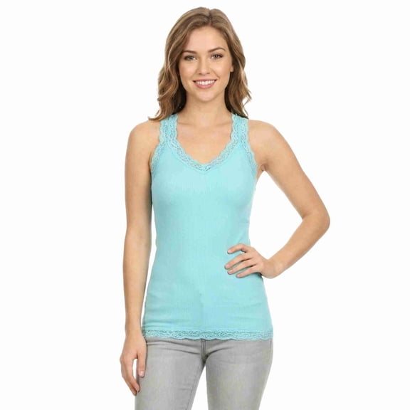 COUVER Women's Seamless Lace Trim V-Neck Racerback Tank Top, Aqua, One Size